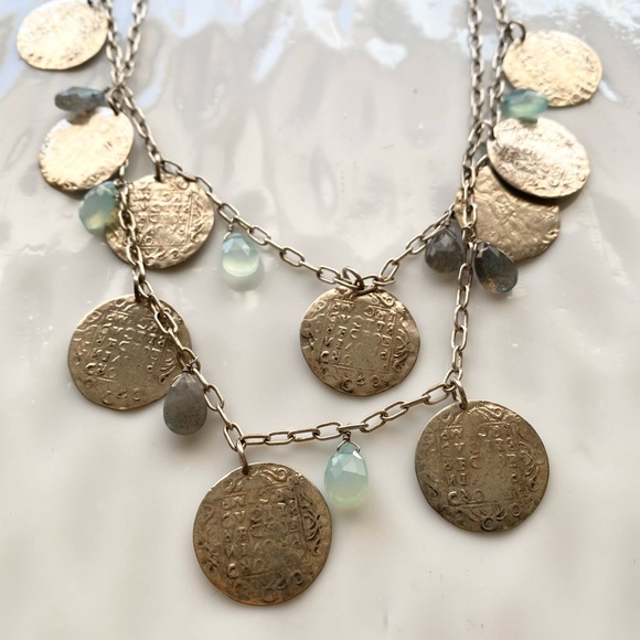 Silver Coin Charm Layered Necklace with Pale Blue and Gray crystal Accents - Picture 2 of 5